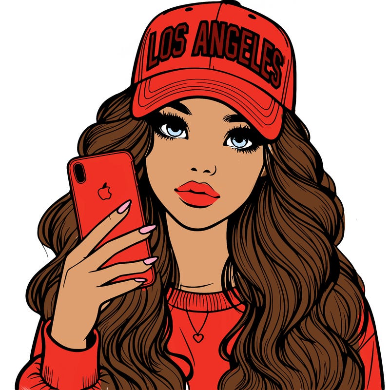 realistic beautiful girl wearing los ángeles cap holding an iphone