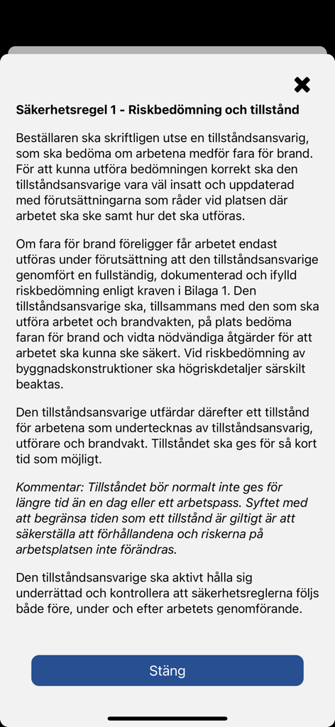 Brandfarliga arbeten - Mobile screen displaying hot work safety rules and risk assessment information