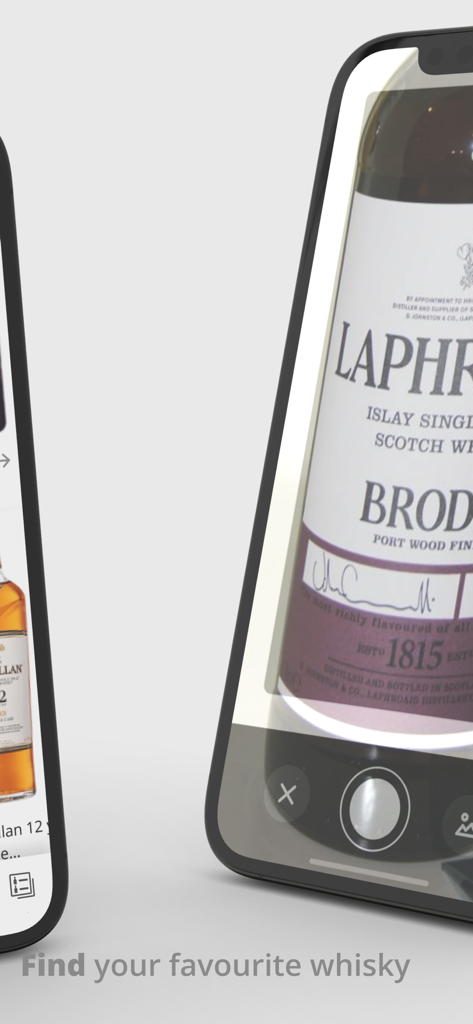 Bevvy - Smartphone app screen scanning a Laphroaig whisky bottle label to find information
