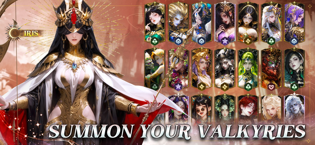 Ein Raster mit verschiedenen Porträts von Göttinnen-Charakteren mit dem Werbetext Beschwöre deine Walküren.