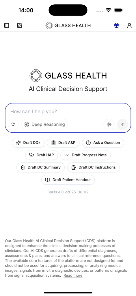 The Glass Health app home screen featuring AI tools for clinical decision support