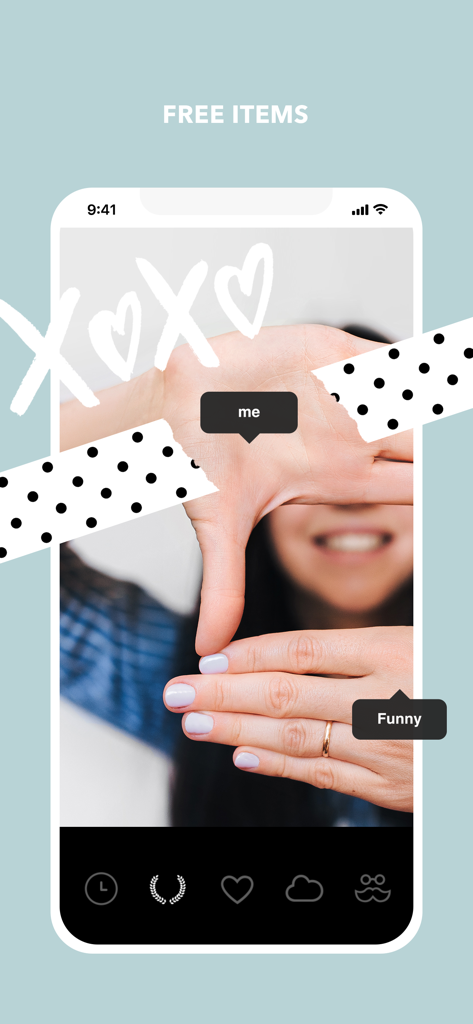 Cymera photo editor interface showing free stickers and decorative items