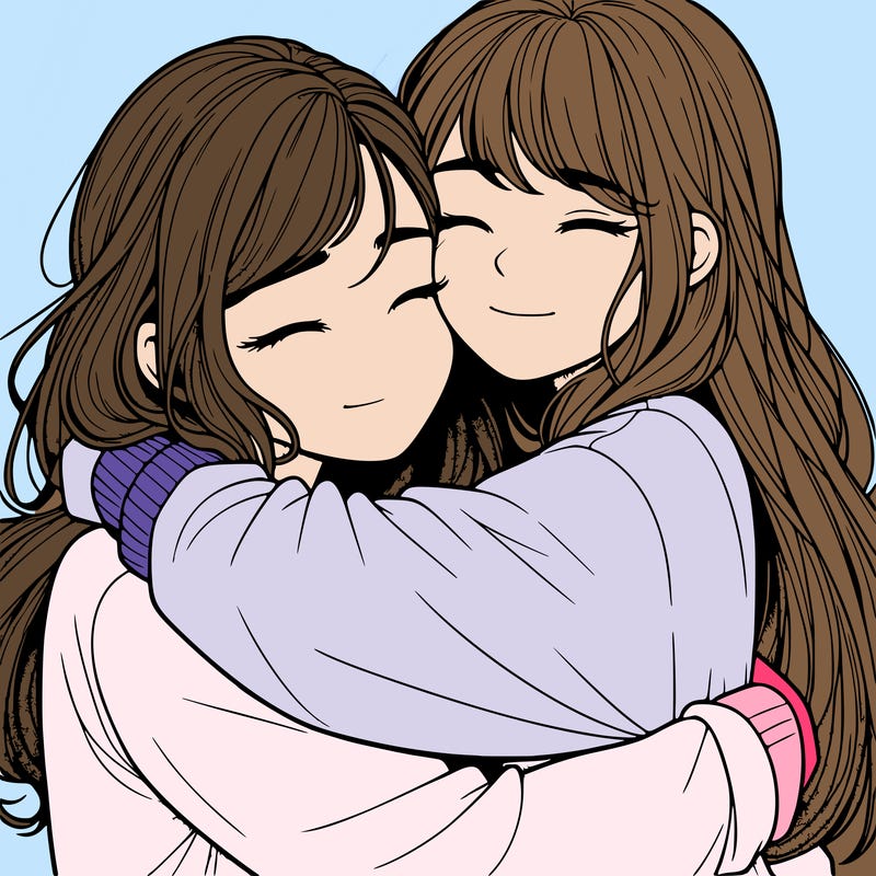 realistic two girls hugging