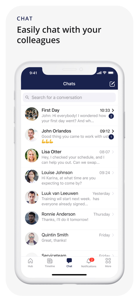 A smartphone showing the Oneteam app chat interface with a list of conversations between coworkers