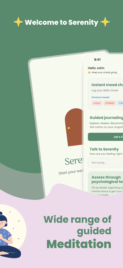 Serenity by Medista app dashboard showing guided meditation and mental health tracking features