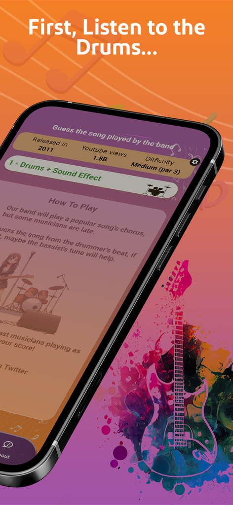 Bandle: Guess The Song Game - Screenshot of Bandle app interface explaining how to guess a song starting with the drum track