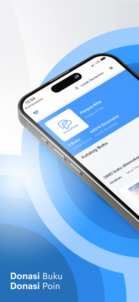 perpuspintar - Perpus Pintar mobile app screenshot displaying the digital book catalog and donation features