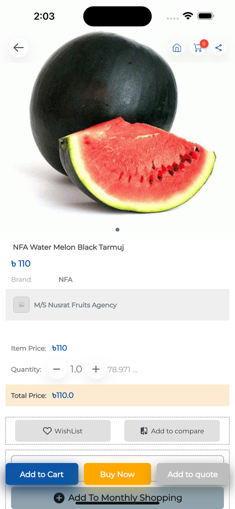 Dettagli del prodotto per un'anguria 'Black Tarmuj' sull'app Wholesale Club con opzioni di acquisto come 'Aggiungi al carrello' e 'Acquista ora'