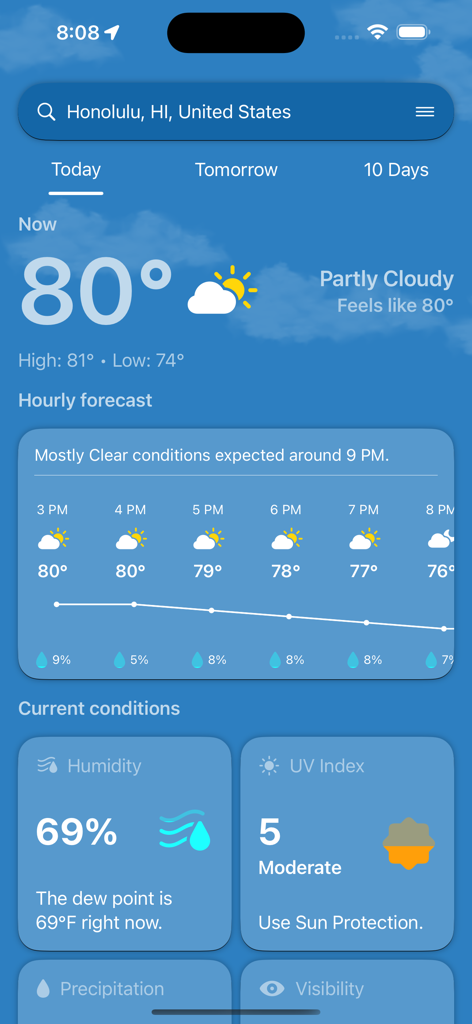 Tenki Weather app interface displaying current temperature hourly forecast and humidity for Honolulu