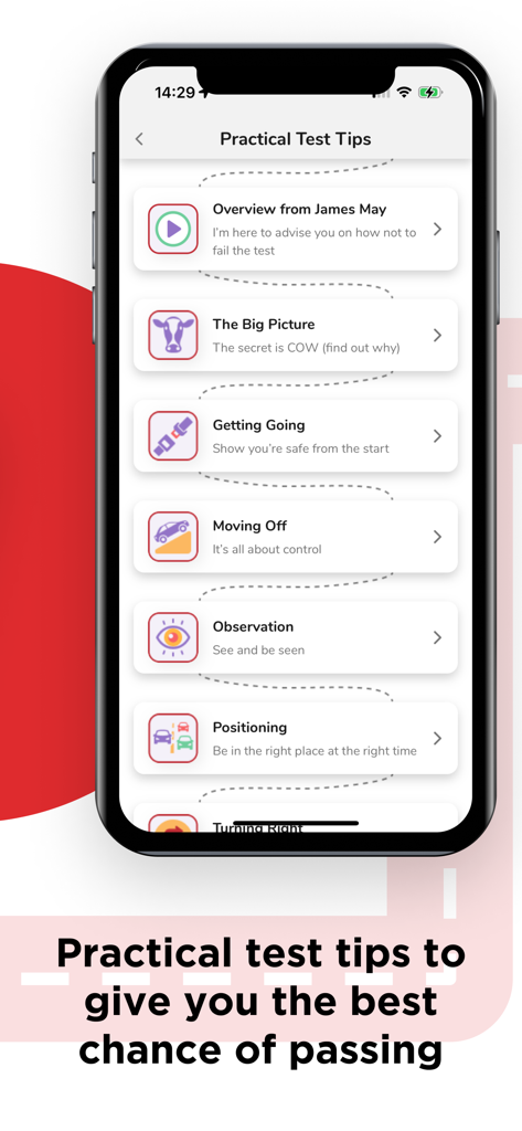 Learn to Drive with RED - Screenshot of the Practical Test Tips section in the Learn to Drive with RED app showing a list of driving lessons