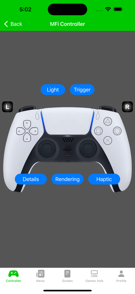 Mobile App-Oberfläche, die einen PS5 DualSense Controller-Tester mit Haptik- und Trigger-Optionen zeigt