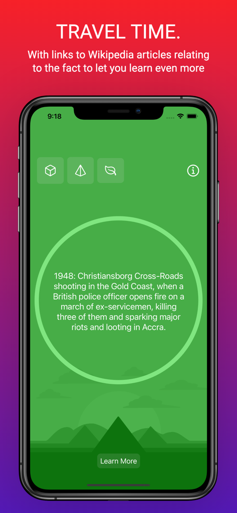 녹색 풍경 배경 위에서 위키백과 기사로 연결되는 '더 알아보기' 버튼이 있는 역사적 사실이 표시된 스마트폰.