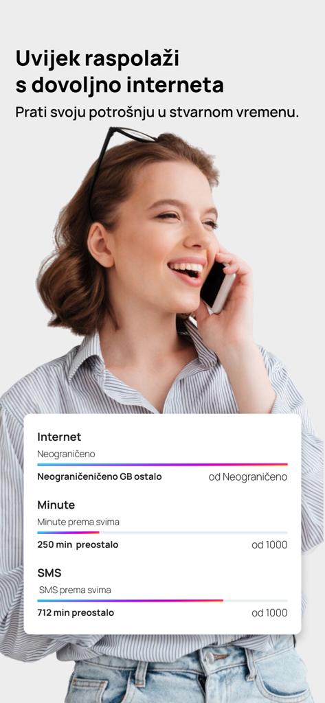 Écran de l'application Telemach Hrvatska montrant le suivi de la consommation de données mobiles, des minutes et des SMS avec une femme parlant sur un smartphone