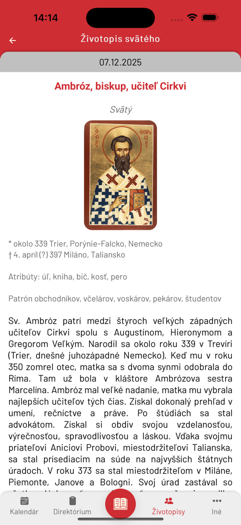 Liturgické čítania - Saint biography screen in the Liturgicke citania mobile app