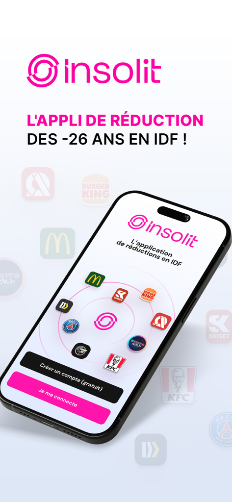 L'interfaccia dell'app mobile Insolit che mostra offerte scontate e marchi partner per i giovani.