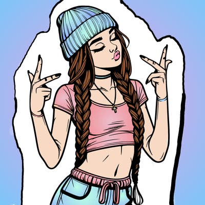 realistic teenage girl with braids and a beanie and crop top doing 🫶🏼
