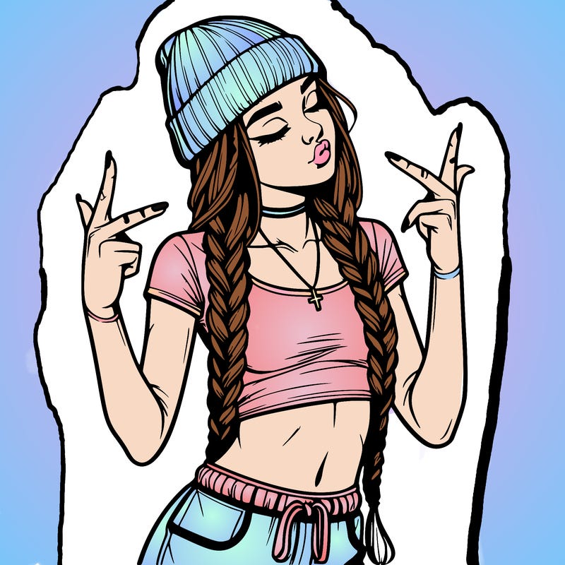 realistic teenage girl with braids and a beanie and crop top doing 🫶🏼
