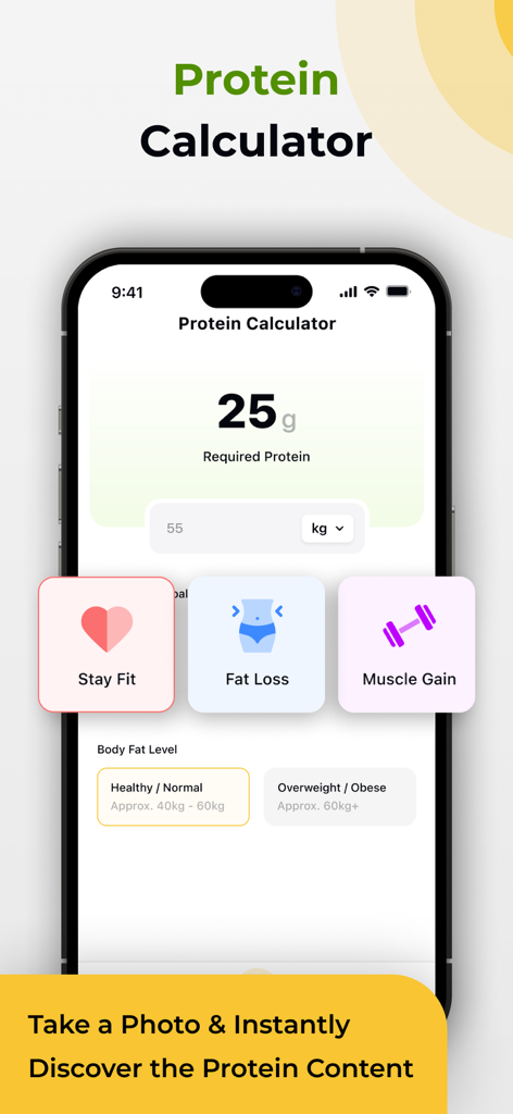 Protein Tracker & Calculator - Interface do aplicativo ProtX mostrando uma calculadora de proteína com opções para metas de Ganho Muscular, Perda de Gordura e Manter Forma