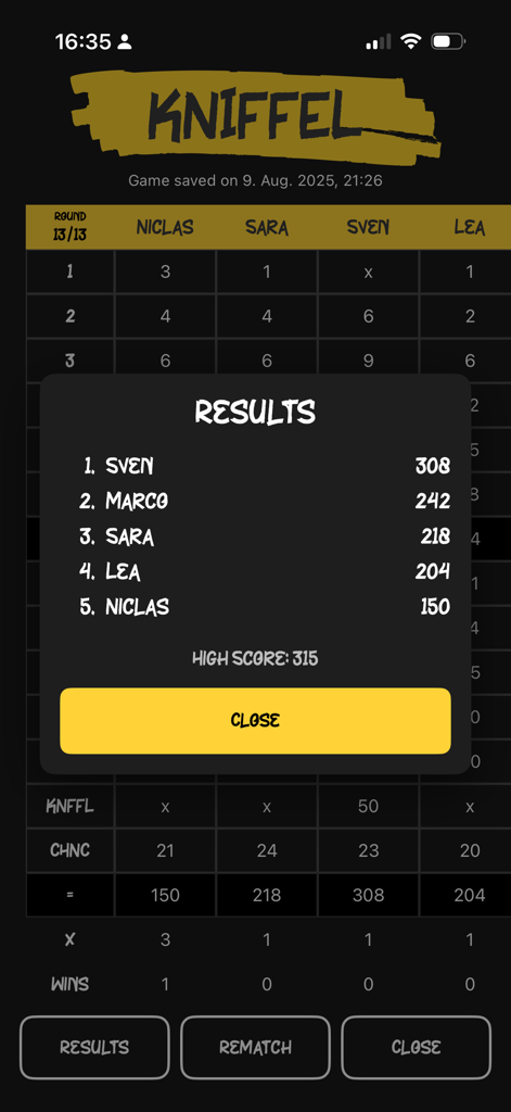 Kniffel - Digital scoreboard of the Kniffel app displaying final results and player rankings in dark mode