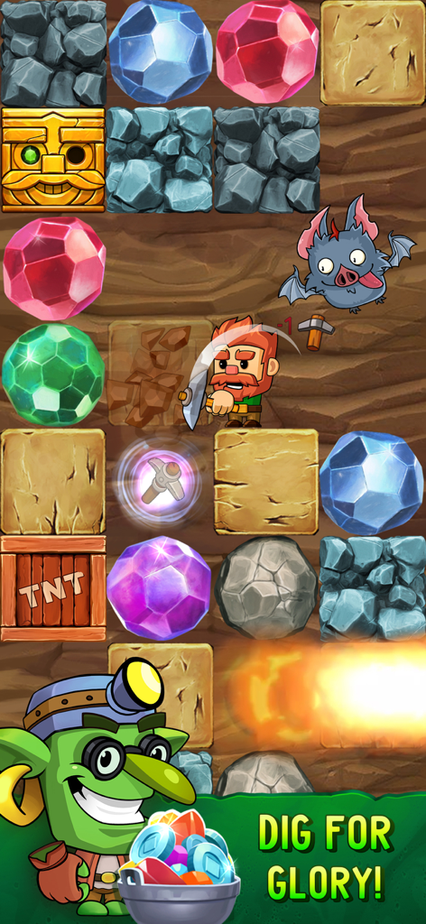 Dig Out! Mine Adventure - Cartoon miner digging through blocks with gems and a monster in the Dig Out! Mine Adventure mobile game.
