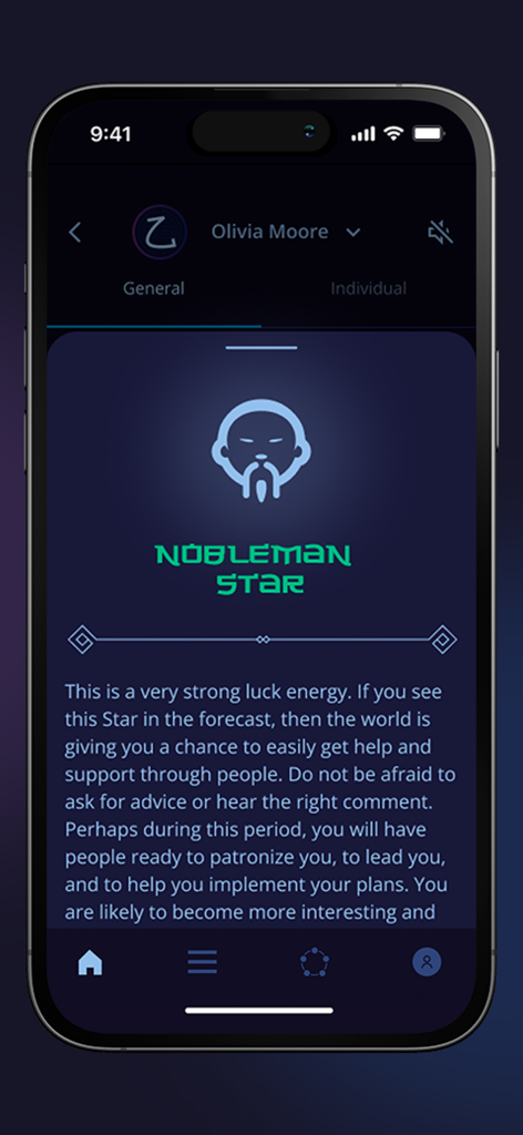 TSI Bazi astrology app screen explaining the Nobleman Star luck energy and its benefits