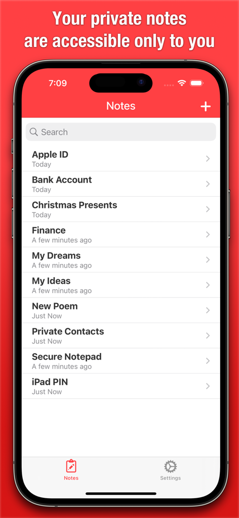 Interface do aplicativo Secure Notepad mostrando uma lista de notas privadas, incluindo senhas e informações financeiras.