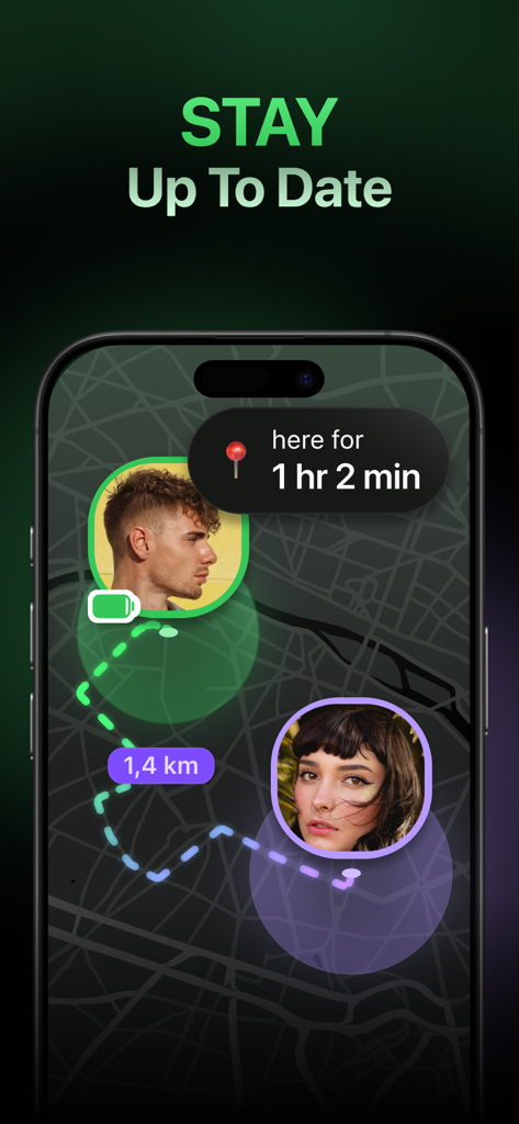 Location Tracker & GPS - Lokka - Lokka app interface displaying real time GPS locations and distance between users on a dark map.