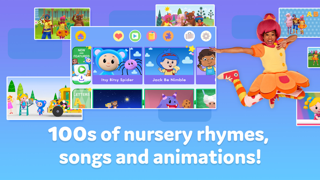 Mother Goose Club Rhymes app interface showing nursery rhyme videos and educational content for kids