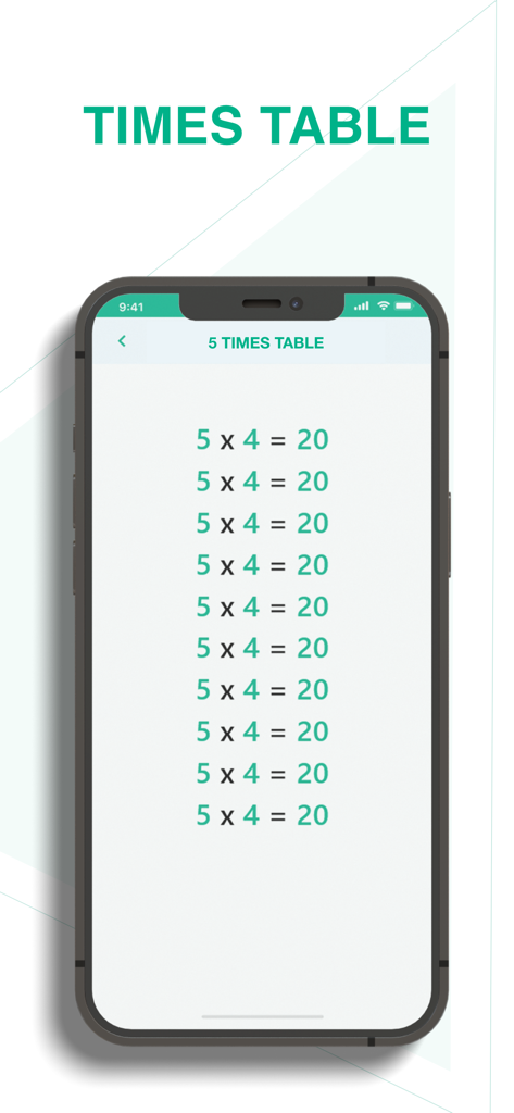 Muliplication table - A mobile app screen displaying the 5 times multiplication table with large clear text