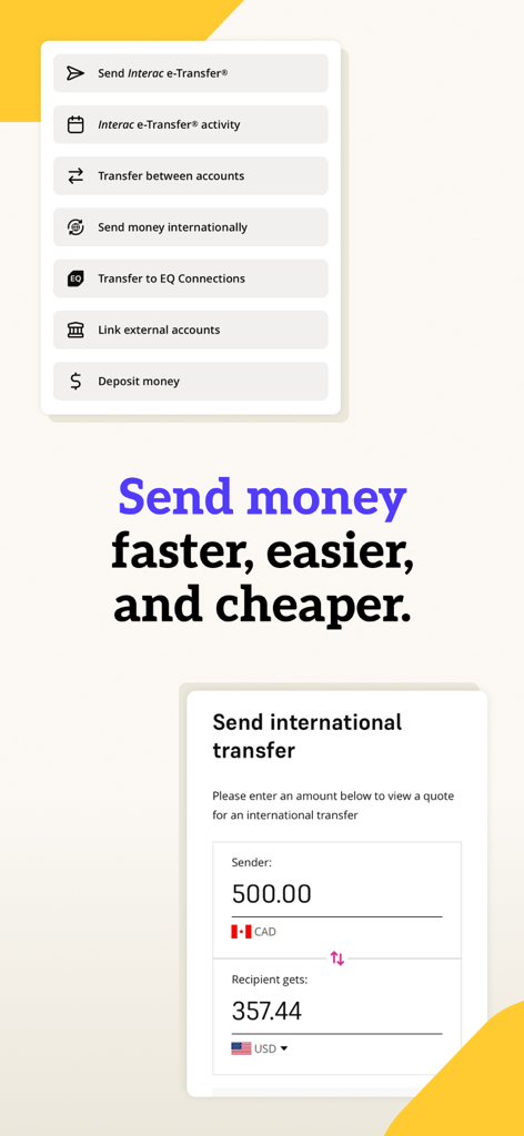 EQ Bank mobile app screen showing options for sending and transferring money internationally