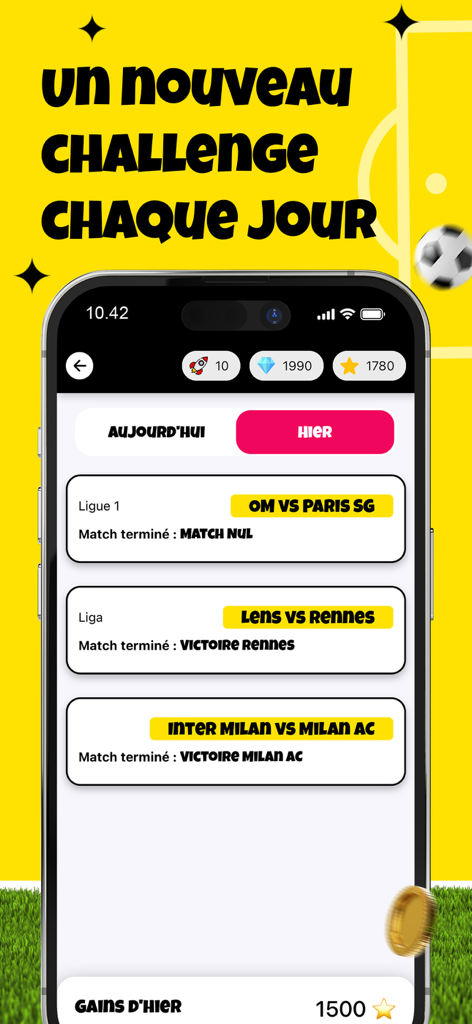 Goal'in - Pantalla de smartphone que muestra los resultados diarios de los partidos de fútbol y las recompensas en la aplicación de predicciones deportivas Goalin