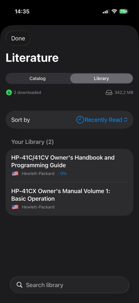 my41CX - Literature library screen within the my41CX app showing technical manuals for the HP-41 calculator series