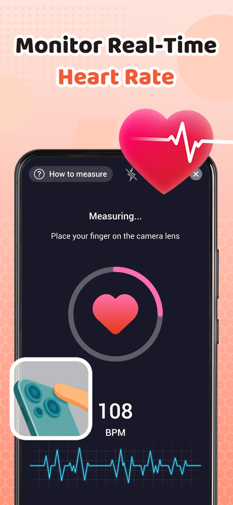 HeartEase: BP Tracker - Interfaz de la aplicación HeartEase que muestra la medición de la frecuencia cardíaca en tiempo real con instrucciones para colocar un dedo en el lente de la cámara del teléfono.