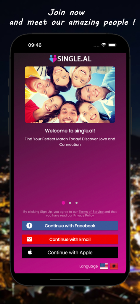 Schermata di benvenuto dell'app di incontri Single.al con opzioni di accesso e immagine della comunità