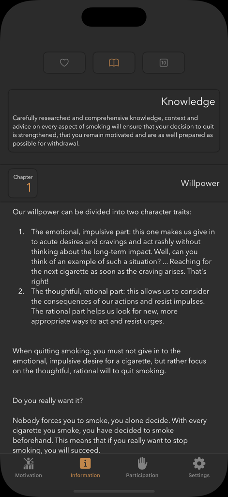 A screen from the Smoke Free app showing the Knowledge section with a chapter on willpower and tips for quitting smoking.