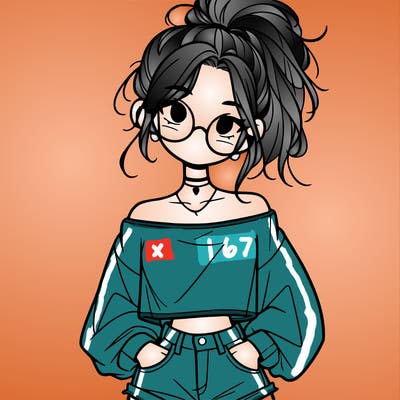 girl with a messy ponytail glasses a baggy crop top and jean shorts