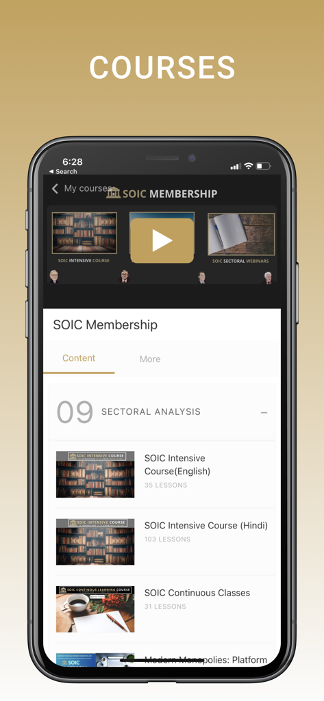 SOIC - Pantalla de la aplicación SOIC que muestra el panel de membresía con cursos de inversión y lecciones de análisis sectorial.