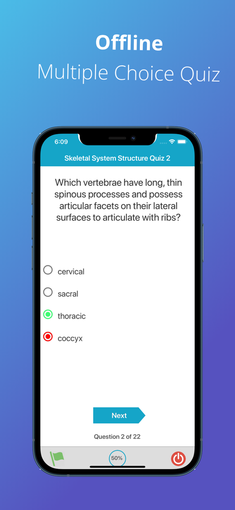 Skeletal System Quizzes - A multiple choice quiz on an iPhone screen asking about thoracic vertebrae with options for cervical, sacral, and coccyx.