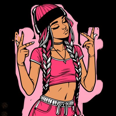 realistic teenage girl with braids and a beanie and crop top doing 🫶🏼