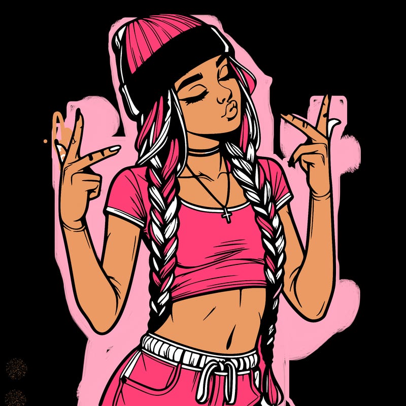 realistic teenage girl with braids and a beanie and crop top doing 🫶🏼