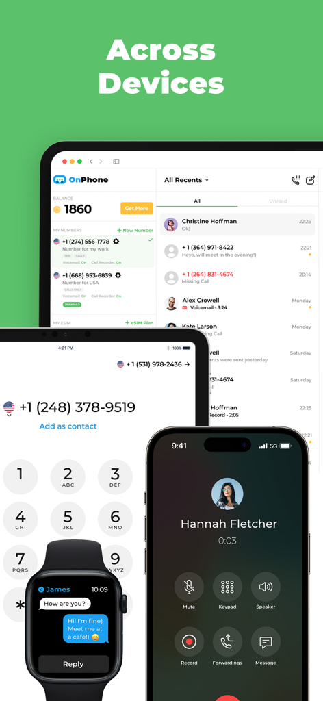 OnPhone app interface shown on a laptop smartphone and smartwatch