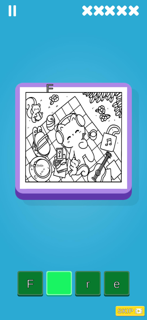 Captura de pantalla del juego 'Encuentra la letra oculta' que muestra una escena de picnic en blanco y negro con un gato y letras ocultas por descubrir