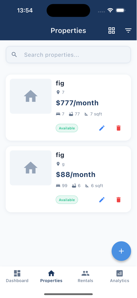 Eine mobile App-Oberfläche, die eine Liste verfügbarer Mietobjekte und monatliche Mietpreise anzeigt