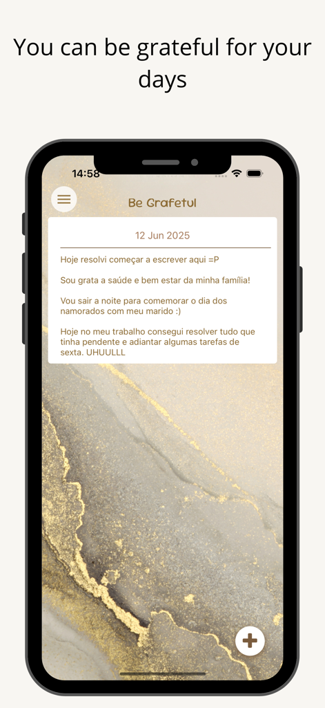 MyMind Diary - Una captura de pantalla de MyMind Diary que muestra la función de diario de gratitud con un tema estético de mármol dorado.
