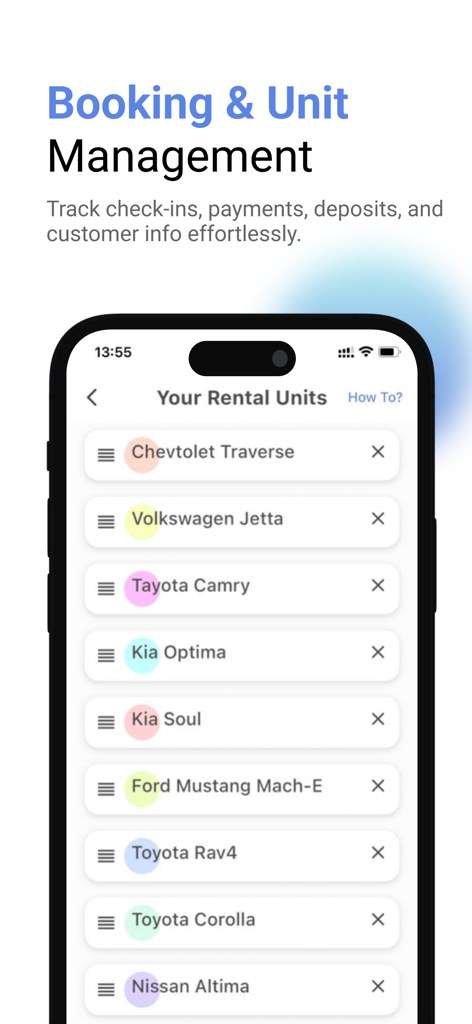 Rental Planner: Rent Manager - App-Oberfläche, die eine Liste von Mietfahrzeugen für die Einheitsverwaltung zeigt