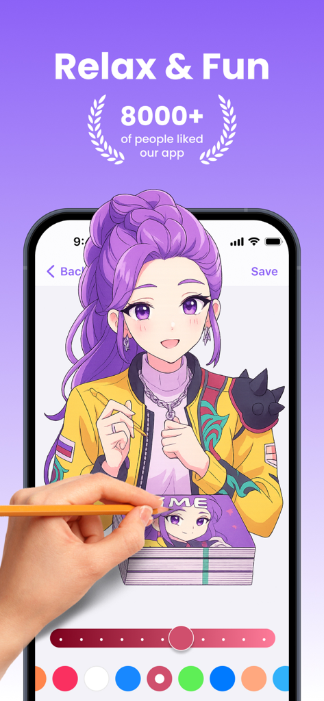 Coloring Pop – Photo Art Maker - A hand coloring a manga style character on a smartphone using the Coloring Pop app