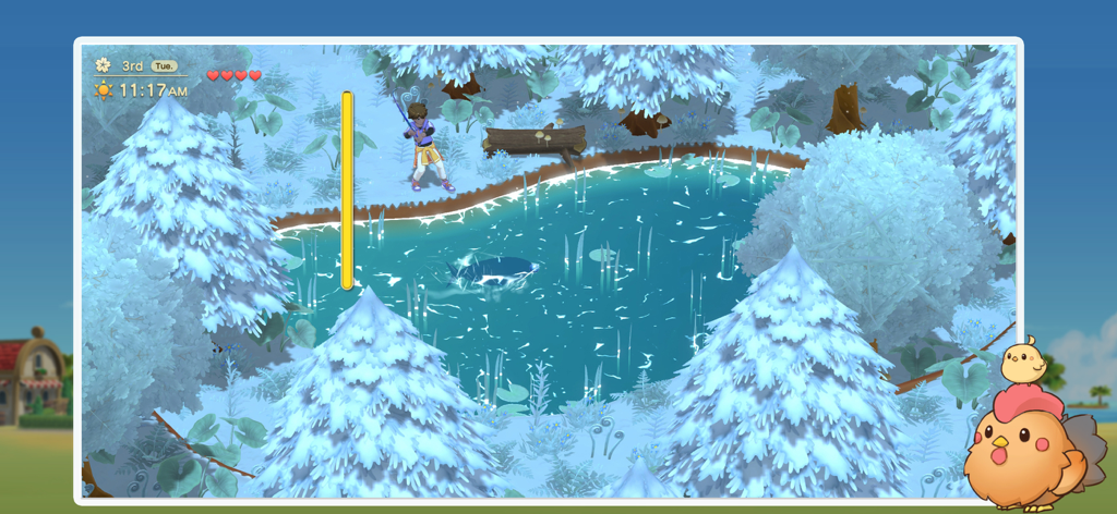 Harvest Moon: Home Sweet Home - A character fishing in a snowy pond in Harvest Moon Home Sweet Home