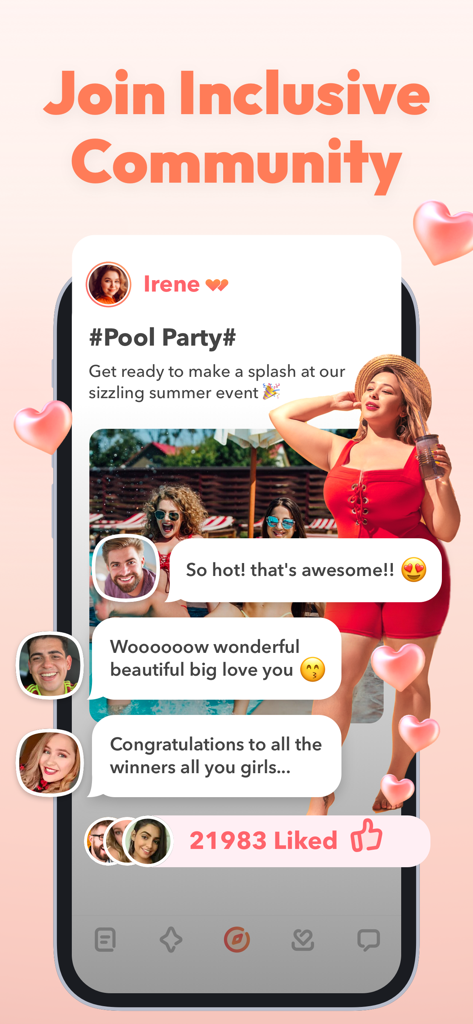 WooPlus - Body Positive Dating - A screenshot of the WooPlus app social interface showing an inclusive community post with positive comments