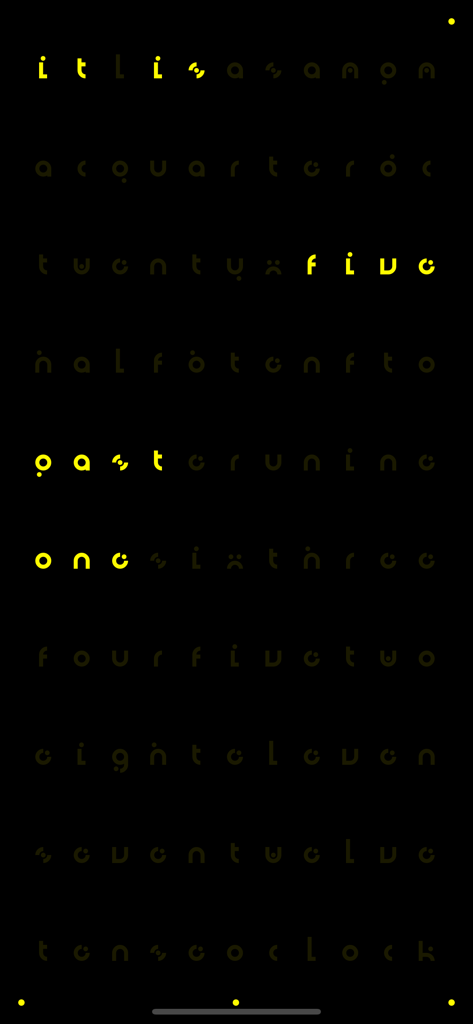 Pixel Clock - Retro Style - Retro word clock interface displaying it is five past one in yellow pixel font