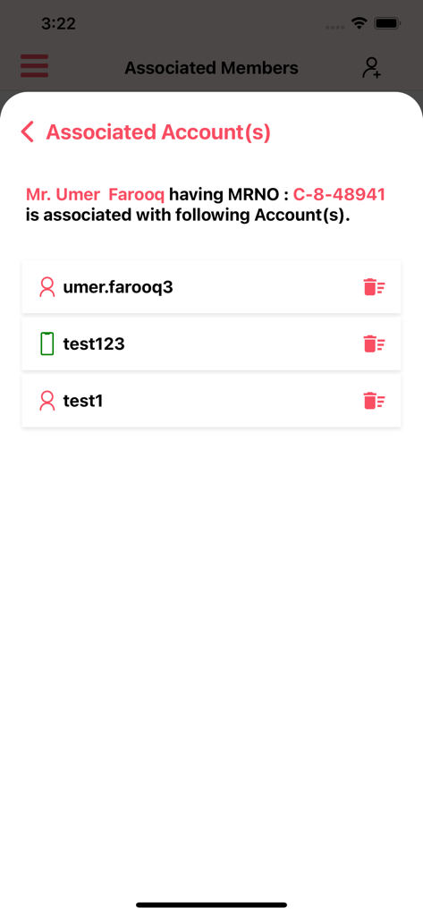 My IDC - Associated accounts screen in the My IDC app displaying linked user profiles for family health management